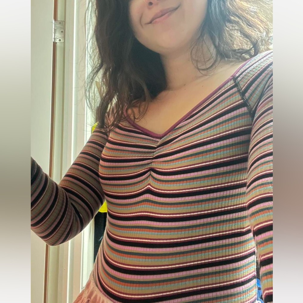 Intimately Free Free People Pink & Purple Striped Long-Sleeve Stretchy Body Suit